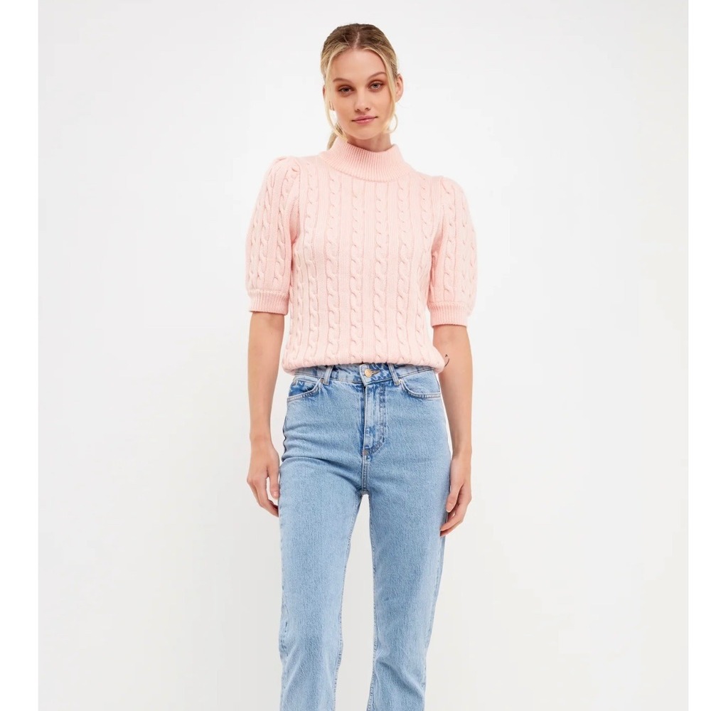 English Factory Pink Short‎ Sleeve Chunky Cable Knit Sweater Shirt Top Medium